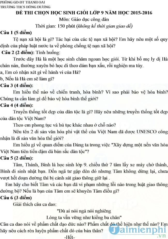 Đề thi học sinh giỏi môn Giáo dục công dân lớp 9