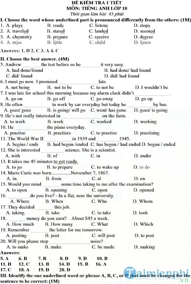 Đề kiểm tra 1 tiết môn tiếng Anh lớp 10