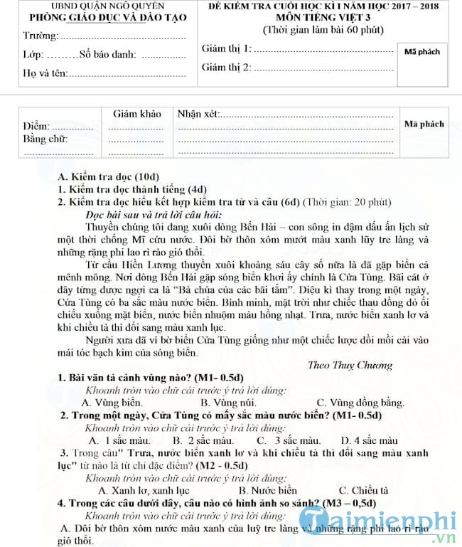 Đề kiểm tra học kì 1 môn Tiếng Việt lớp 3 có bảng ma trận đề thi