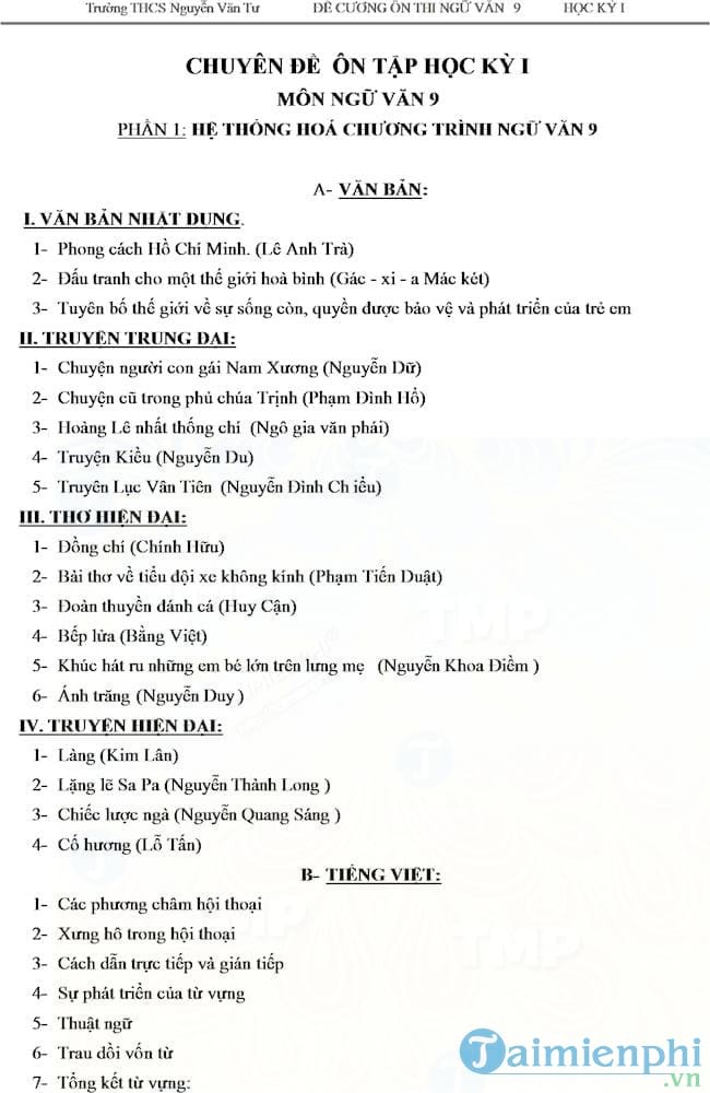 de cuong on tap hoc ky 1 mon ngu van 9