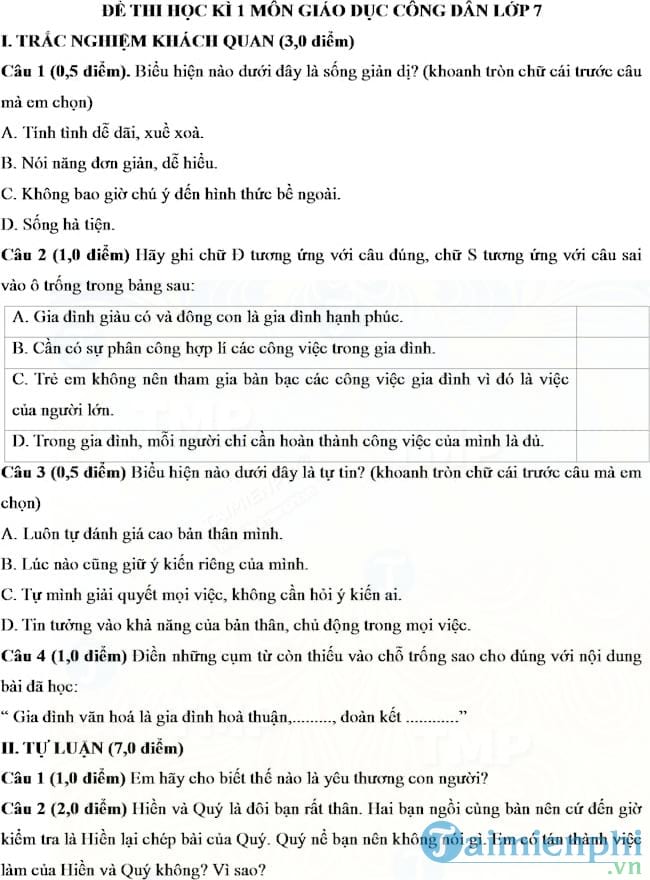 Đề kiểm tra học kì I lớp 7 môn Giáo dục công dân