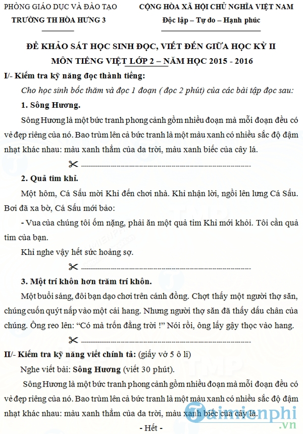 Đề thi giữa học kì II môn Tiếng Việt lớp 2 có đáp ấn