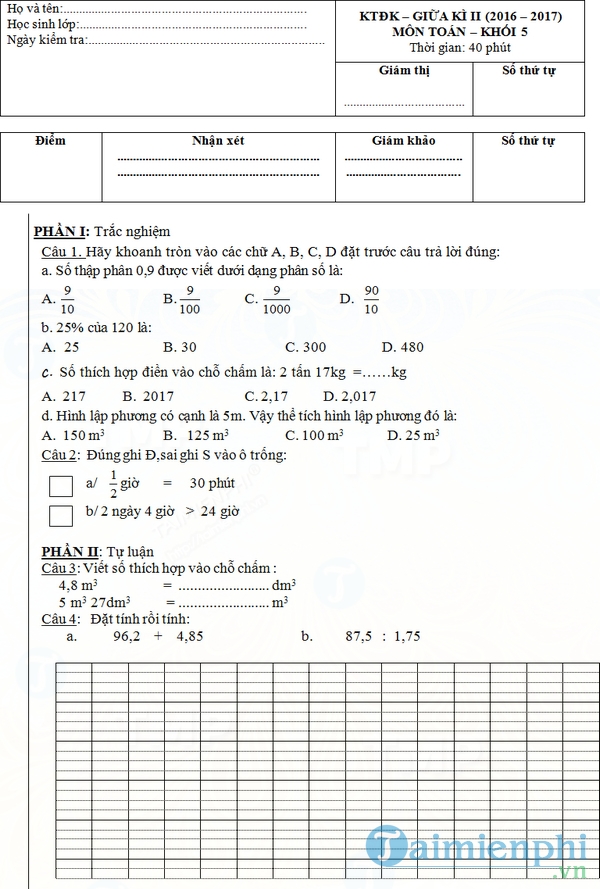 Đề thi giữa học kì 2 môn Toán lớp 5