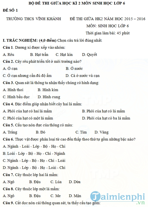 Đề thi giữa học kì 2 môn Sinh học lớp 6