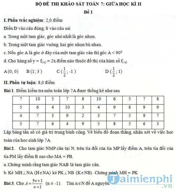 Đề thi giữa học kì 2 môn Toán lớp 7