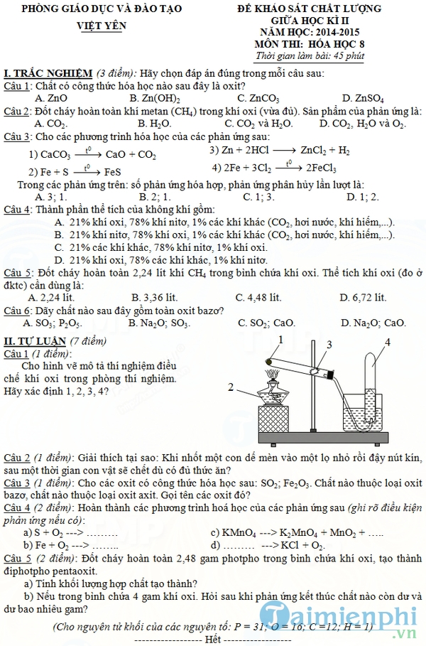 Đề thi giữa học kỳ 2 môn Hóa học lớp 8