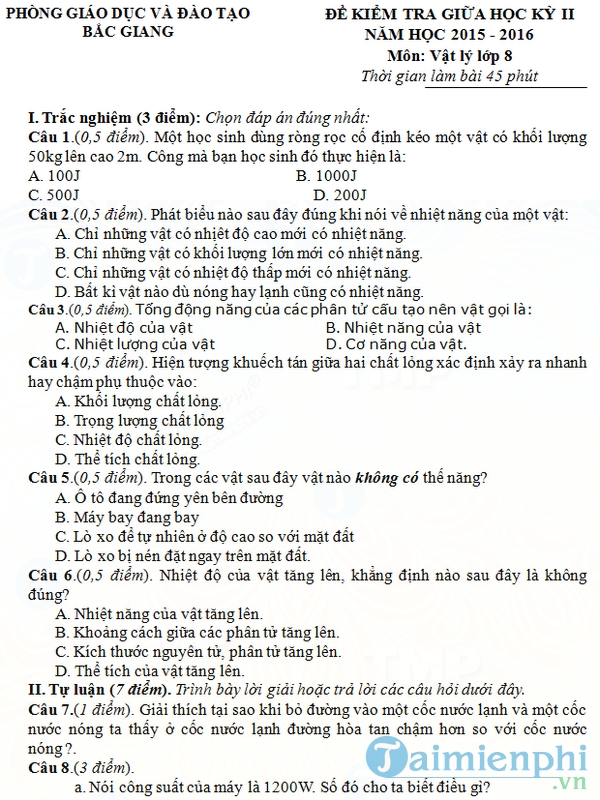 Đề thi giữa học kì 2 môn Vật lý lớp 8