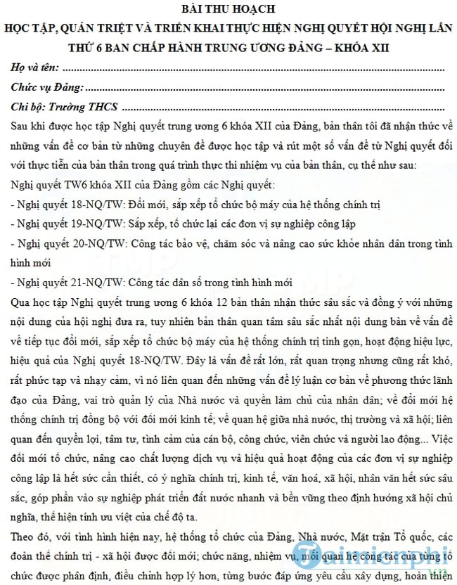 Bài thu hoạch Nghị quyết Trung ương 6 khóa 12 cho giáo viên