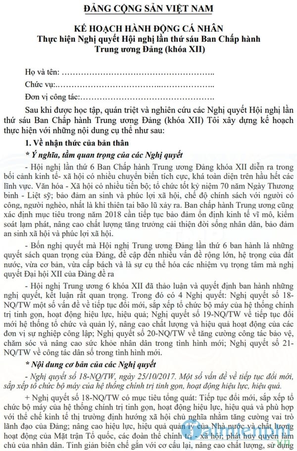 Mẫu kế hoạch cá nhân thực hiện Nghị quyết Trung ương 6 khóa 12