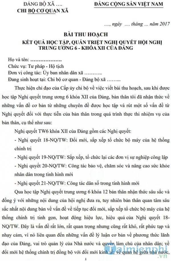 Bài thu hoạch nghị quyết Trung ương 6 khóa 12 cho cán bộ công chức xã