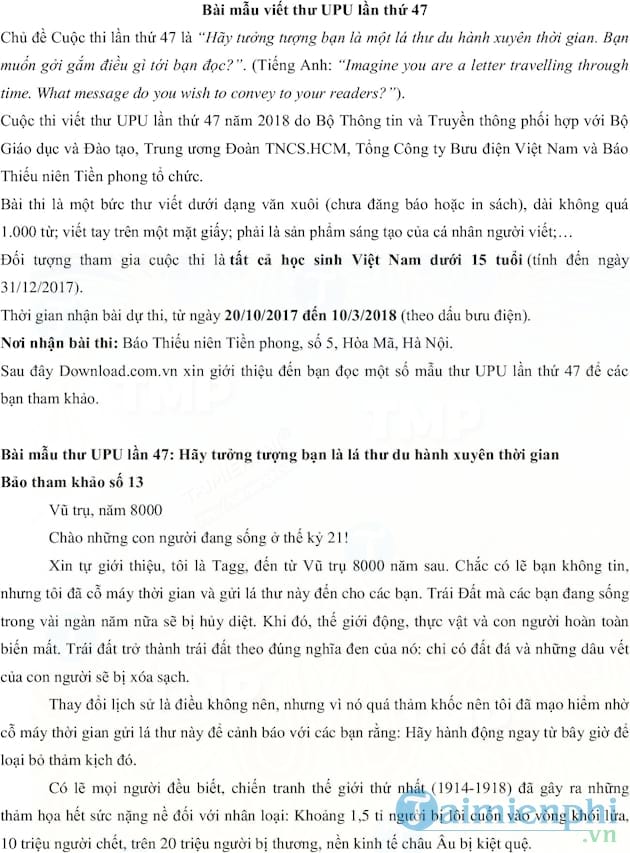 Bài mẫu cuộc thi viết thư UPU