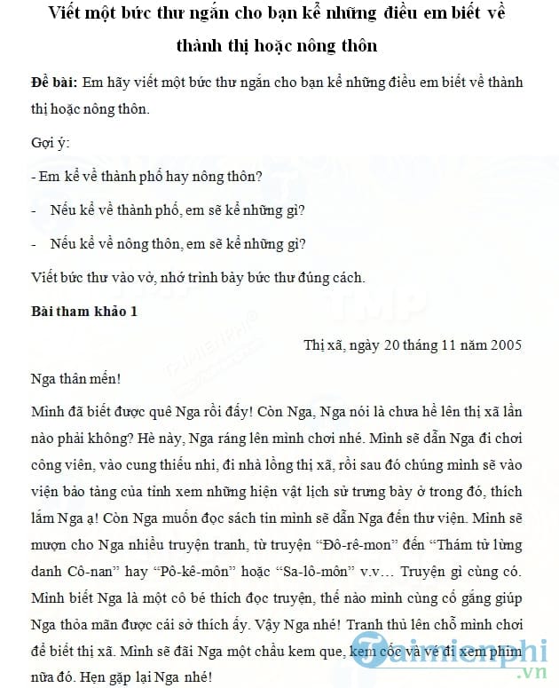 Viết một bức thư ngắn cho bạn kể những điều em biết về thành thị hoặc nông thôn