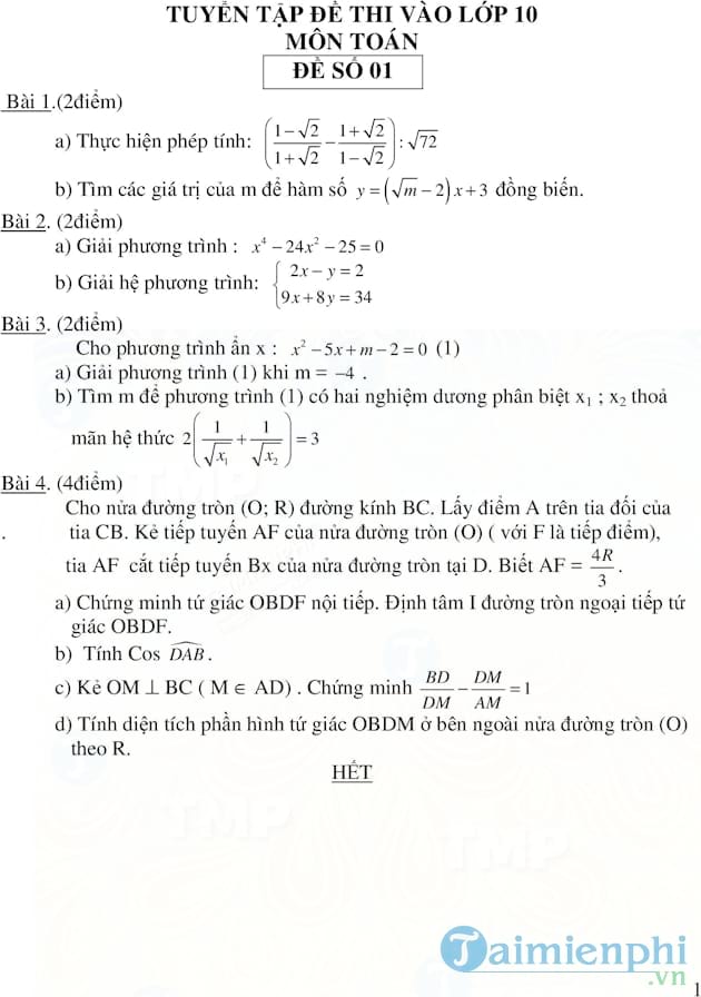 Đề thi vào lớp 10 môn Toán