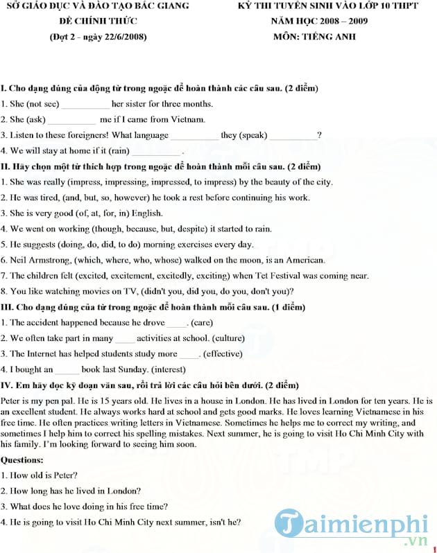 Đề thi vào lớp 10 môn Tiếng Anh