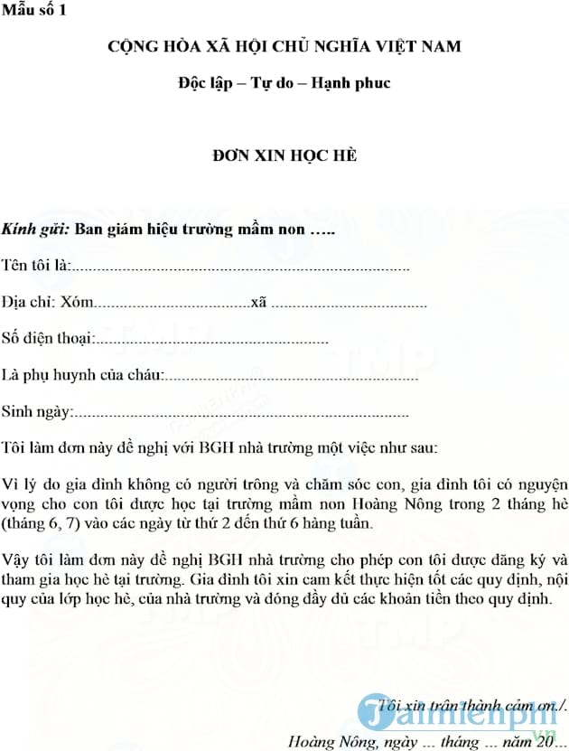 Đơn xin học thêm hè mẫu giáo