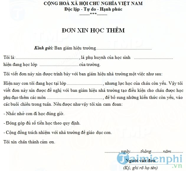 Đơn xin học thêm tại nhà cô