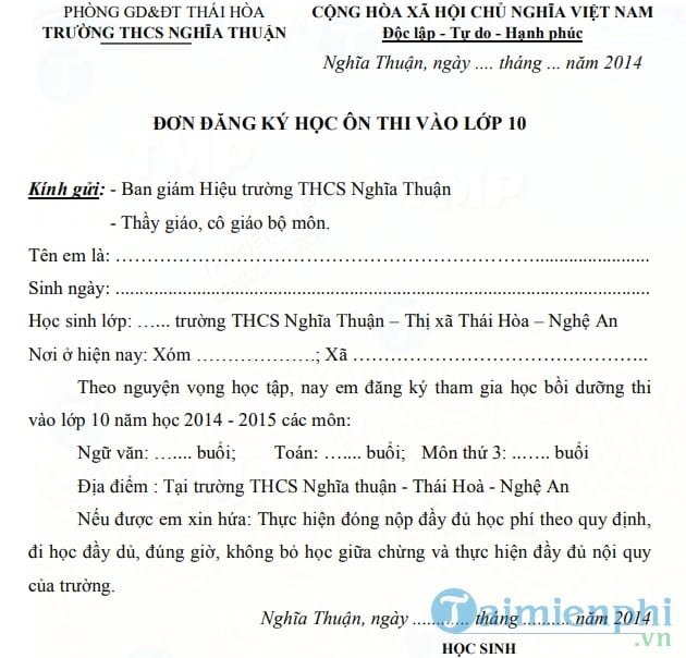 Đơn xin học thêm ôn thi vào lớp 10