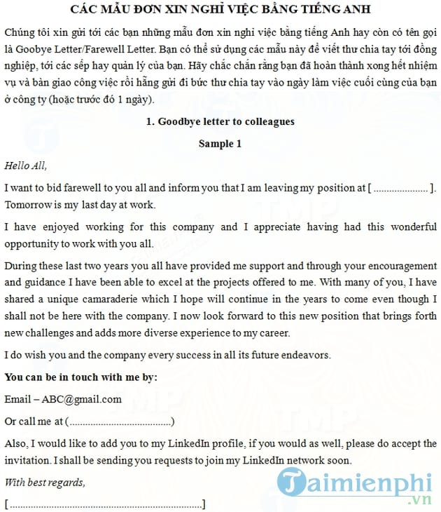 Đơn xin thôi việc tiếng anh
