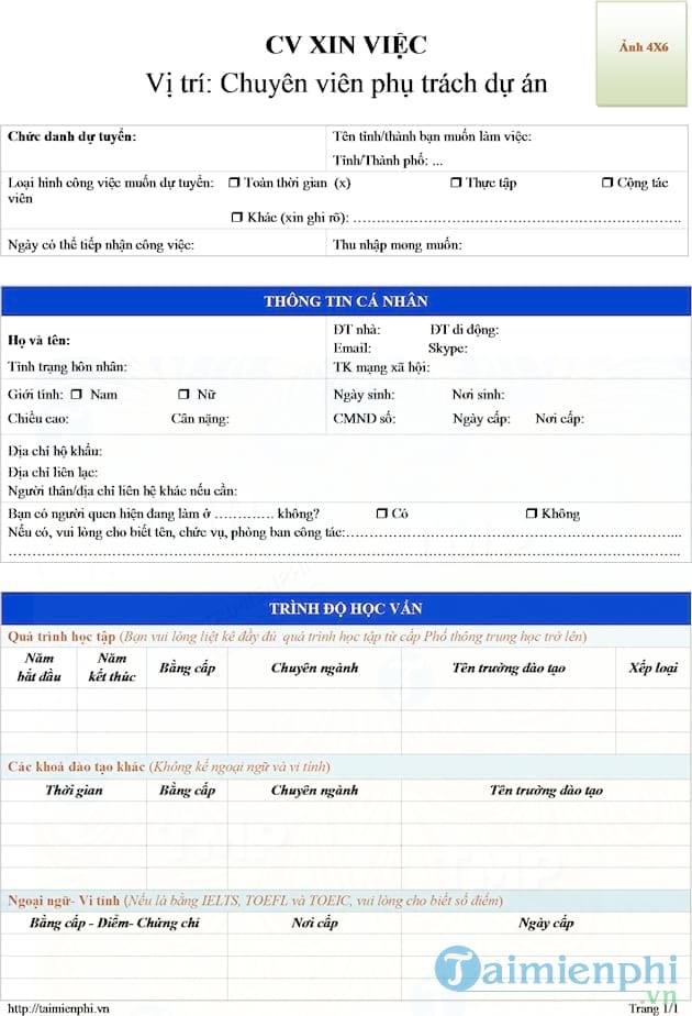 CV xin việc chuyên viên phụ trách dự án