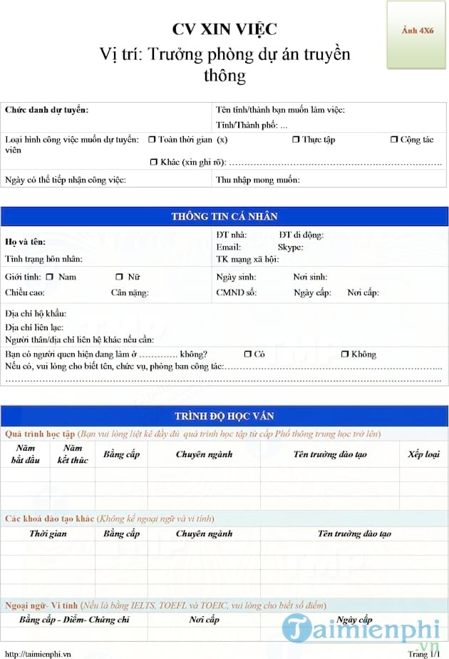 CV xin việc trưởng phòng dự án truyền thông