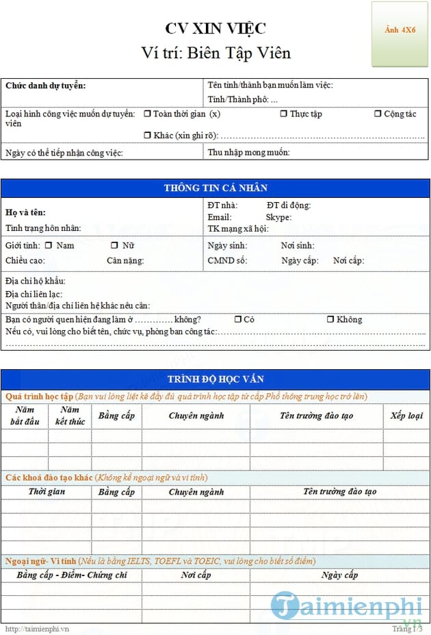 CV xin việc biên tập viên