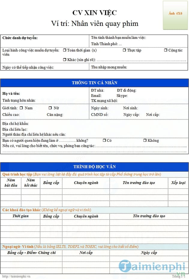 CV xin việc nhân viên quay phim