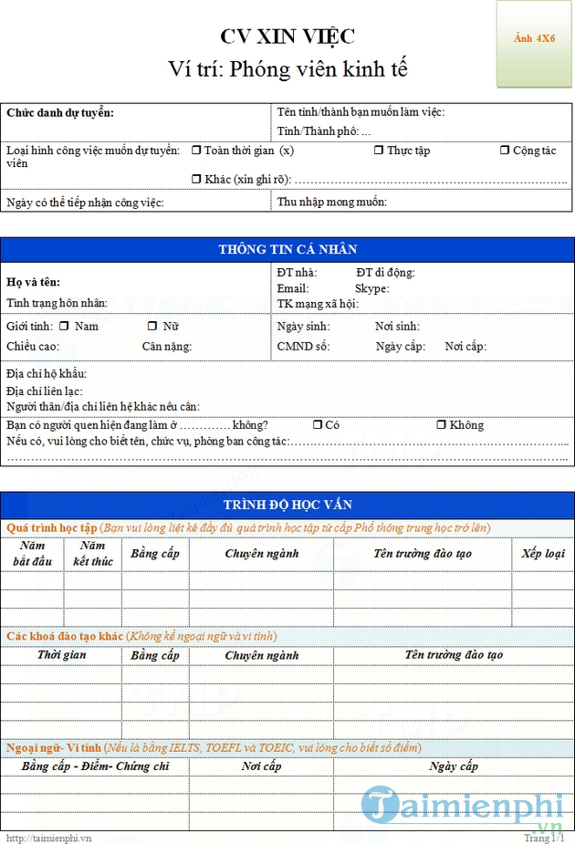 CV xin việc phóng viên kinh tế