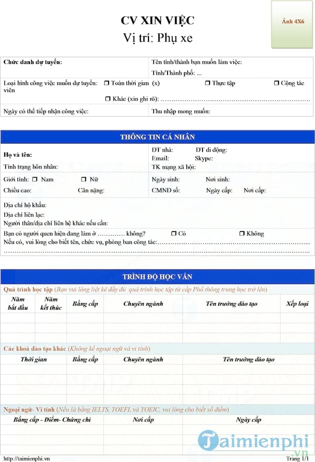 CV xin việc phụ xe