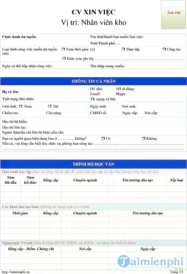 CV xin việc nhân viên kho