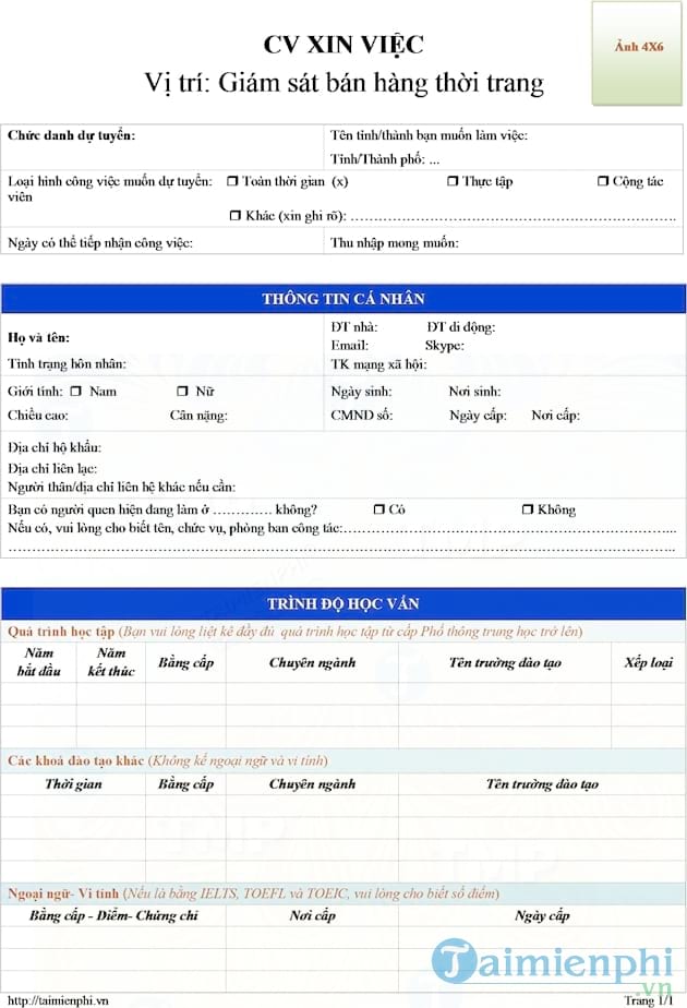 CV xin việc giám sát bán hàng thời trang