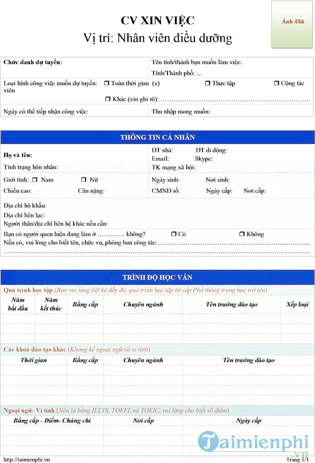 CV xin việc nhân viên điều dưỡng
