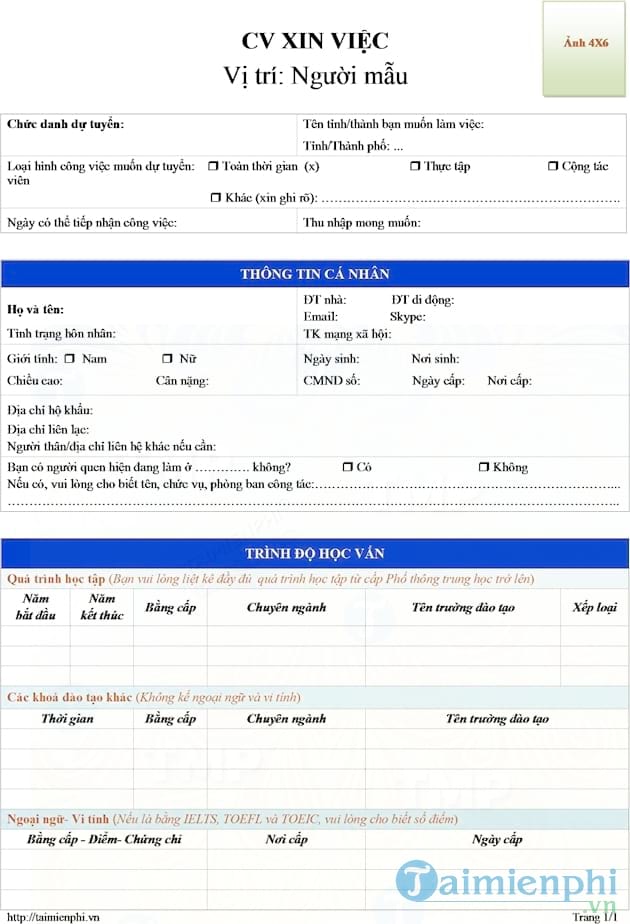 CV xin việc người mẫu