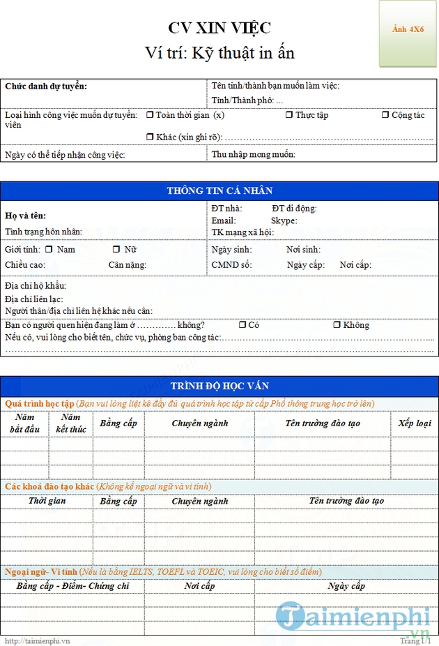 CV xin việc kỹ thuật in ấn