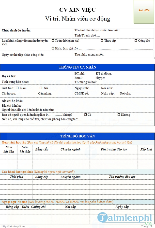 CV xin việc nhân viên cơ động