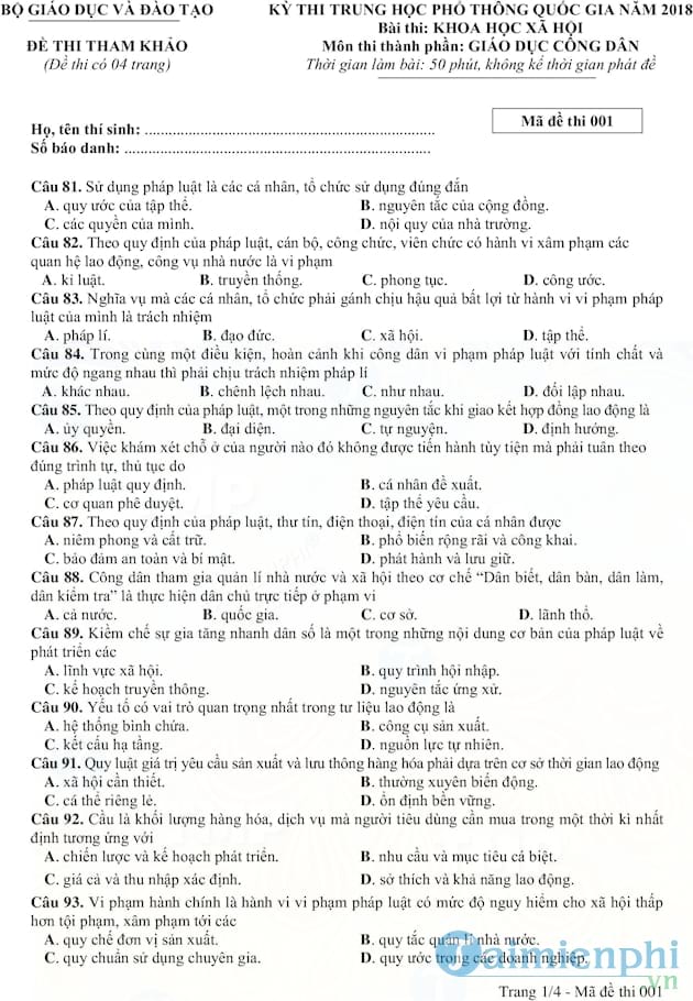 Đề thi thử THPT quốc gia 2018 môn Giáo dục công dân