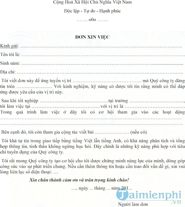 Đơn xin việc quản lý nhân sự