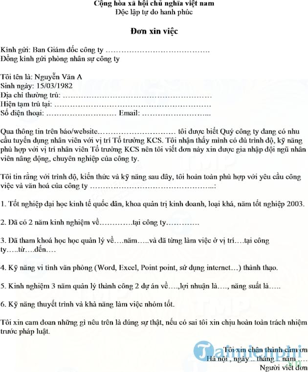 Đơn xin việc tổ trưởng KCS