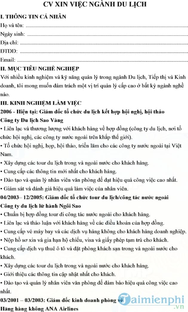 CV xin việc ngành du lịch Mẫu hồ sơ xin việc theo ngành