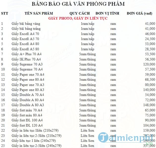 Mẫu bảng báo giá văn phòng phẩm
