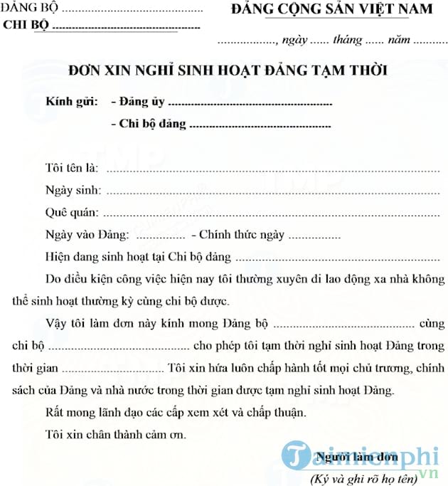 Đơn xin nghỉ sinh hoạt Đảng