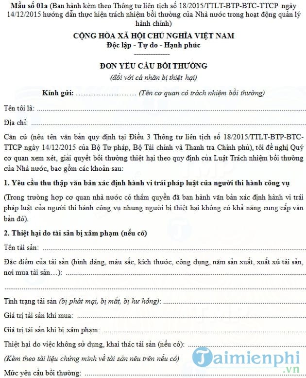 Đơn yêu cầu bồi thường thiệt hại