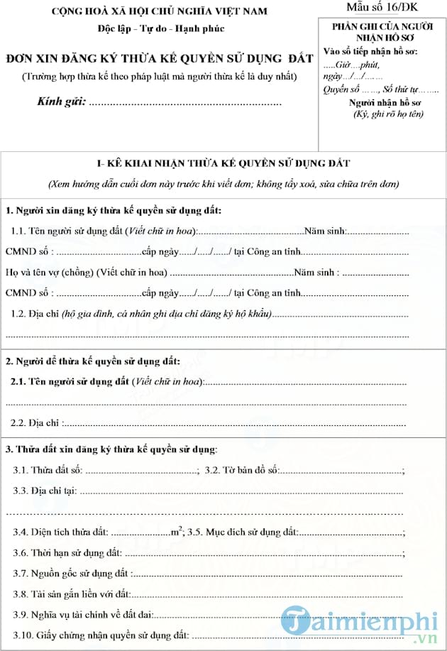 Đơn đăng ký thừa kế quyền sử dụng đất