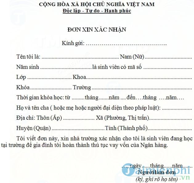 Đơn xin xác nhận để vay vốn ngân hàng