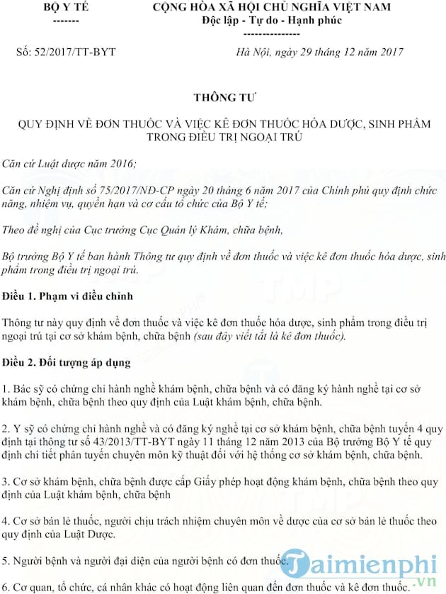 Thông tư 52/2017/TT-BYT
