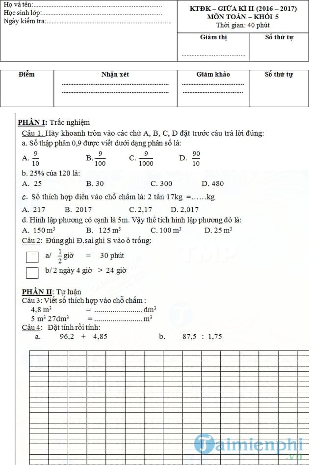 Bộ đề thi giữa học kì 2 lớp 5 năm 2016 - 2017
