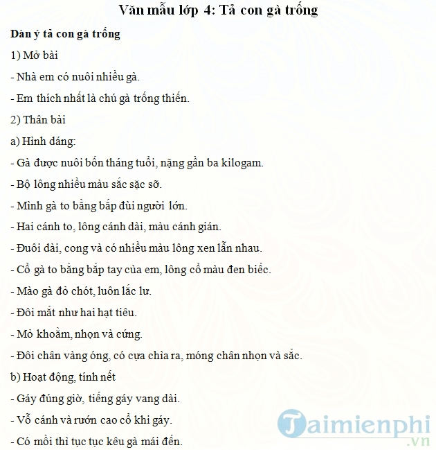 Văn mẫu lớp 4: Tả con gà trống