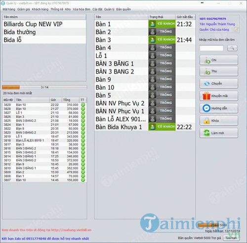 Phần mềm quản lý bida Vietbill