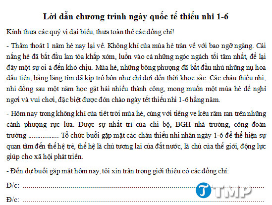 loi dan chuong trinh ngay quoc te thieu nhi