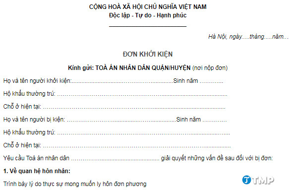 mau don khoi kien vu an ly hon