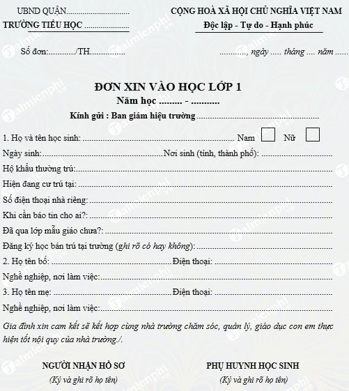 don xin vao hoc lop 1